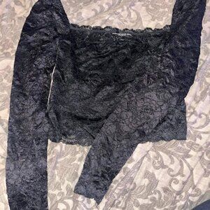 Guess Long Sleeve Floral Lace Square Neck Crop Top